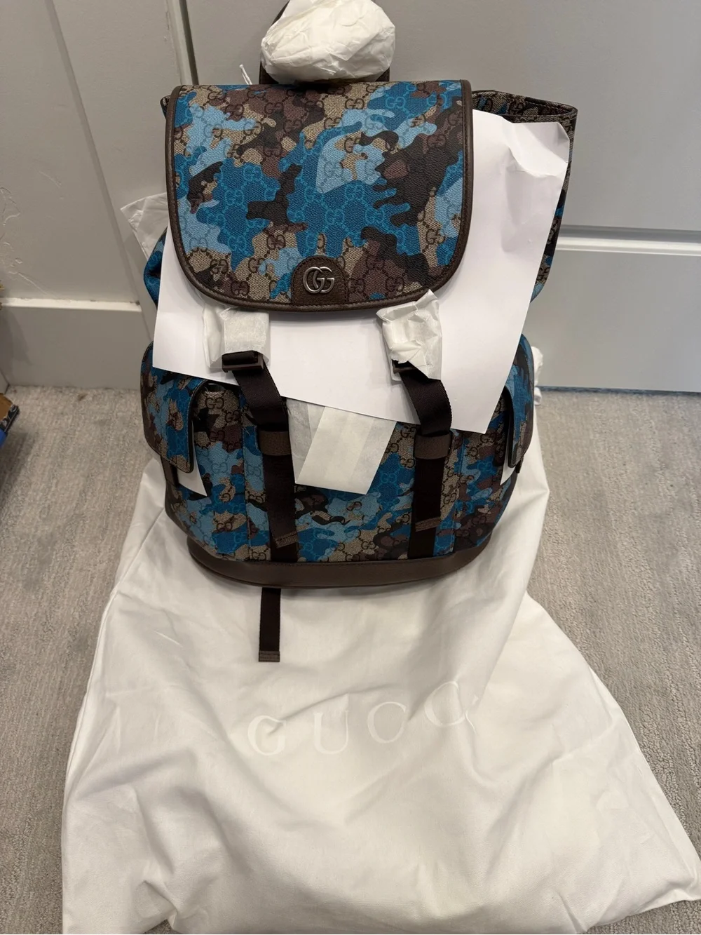 Gucci Blue and Brown Camo GG Canvas Backpack